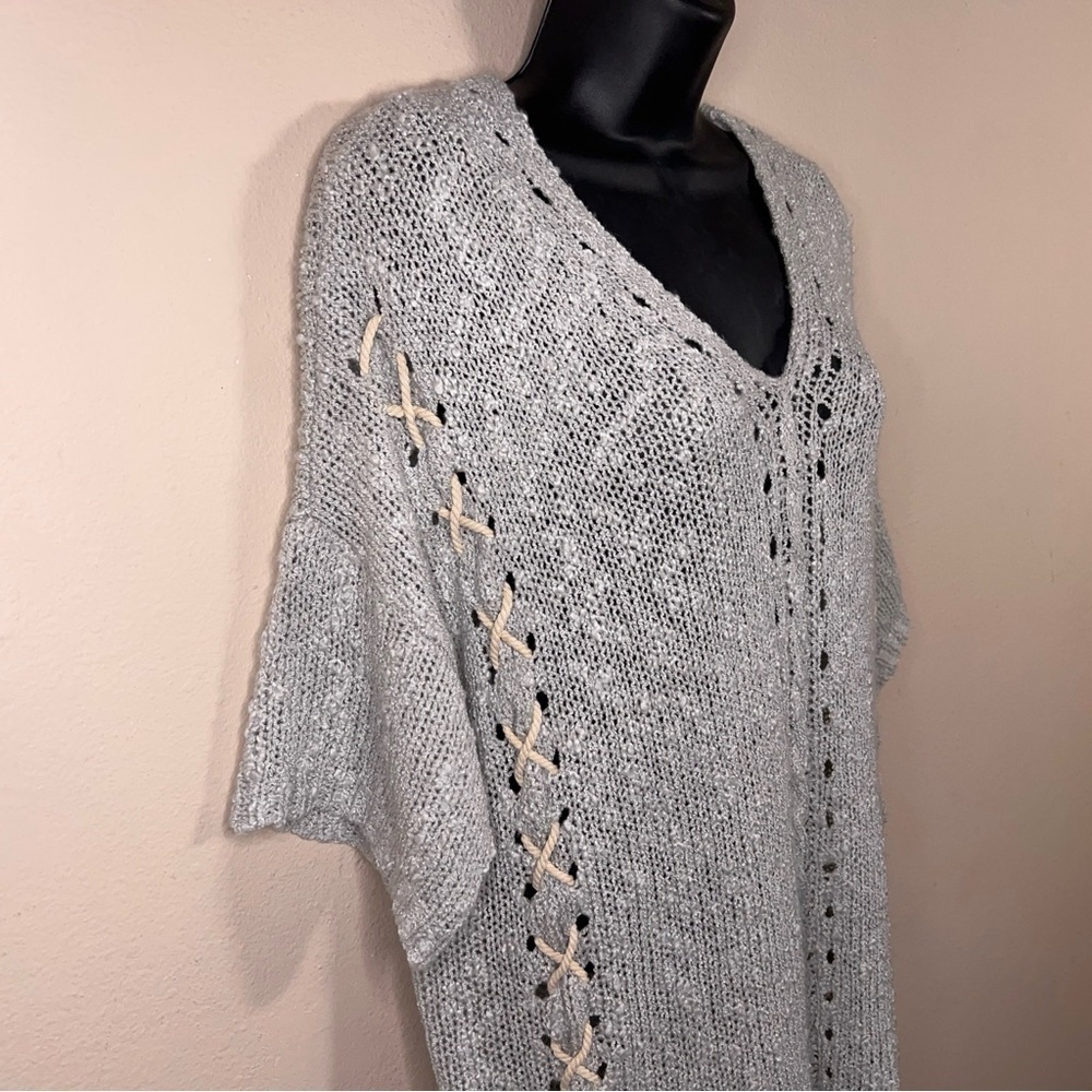 Small Easel Pastel Light Blue Knit Top Short Sleeve Strappy Accent Boho Bohemian - Picture 4 of 13